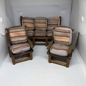 Set of 3 Dollhouse Wooden Arm Chairs and Couch with cushions